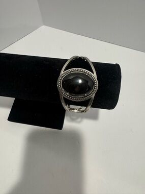 Silver Tone Black Cabochon Cuff Bracelet Hinged Statement Wide Bangle